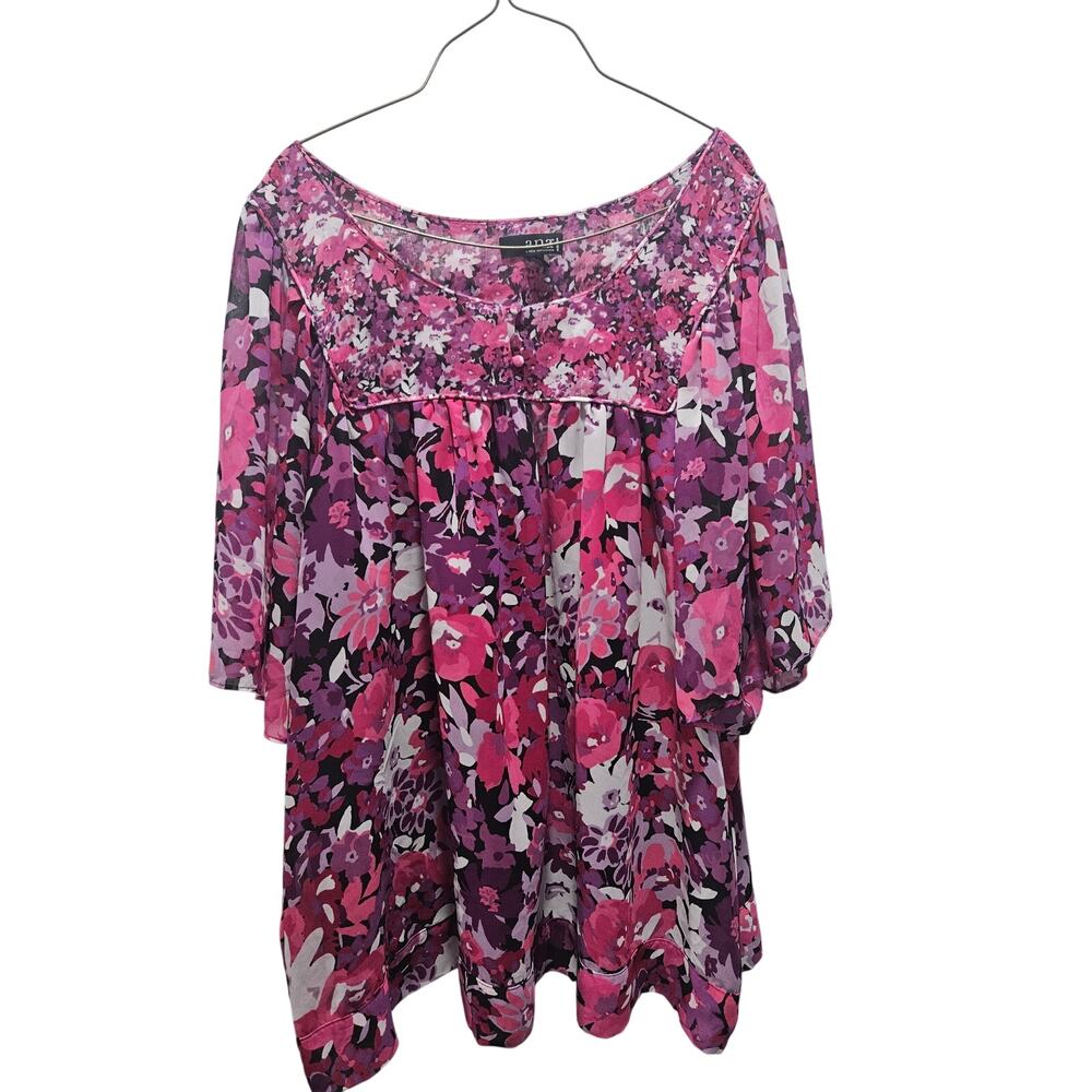 a.n.a Dark Romantic Floral Blouse 2X Moody Boho Sheer Flowy Top